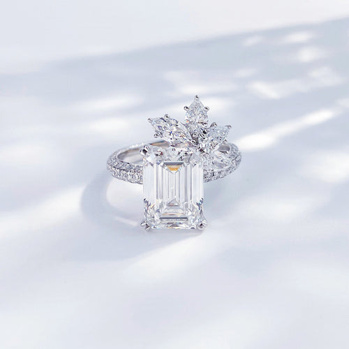 Emerald cut lab grown diamond tiara halo ring by Lune Diamond