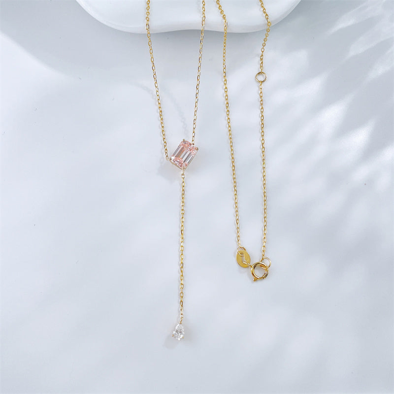 Pink emerald cut lab grown diamond Y-lariat necklace by Lune Diamond