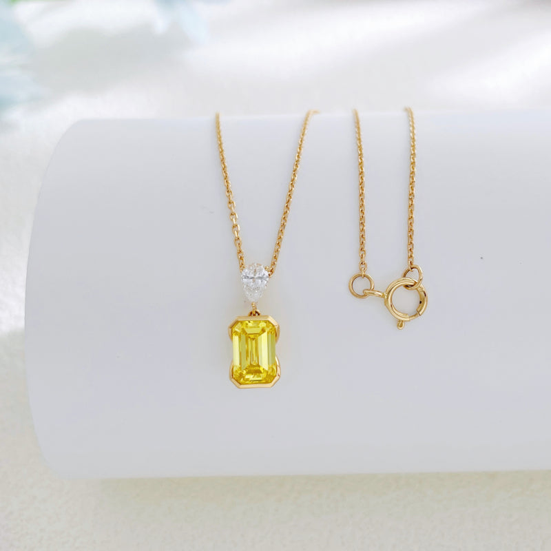 Yellow emerald cut lab grown diamond pendant necklace by Lune Diamond