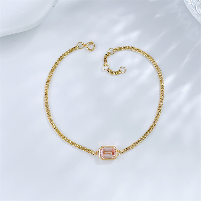 Pink emerald cut lab grown diamond bezel bracelet by Lune Diamond