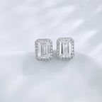 Emerald cut lab grown diamond halo stud earrings by Lune Diamond