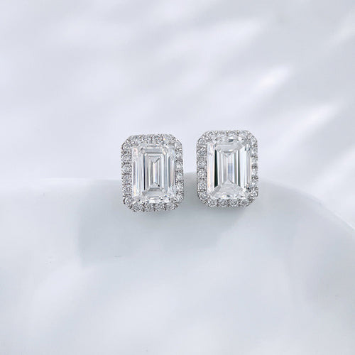 Emerald cut lab grown diamond halo stud earrings by Lune Diamond