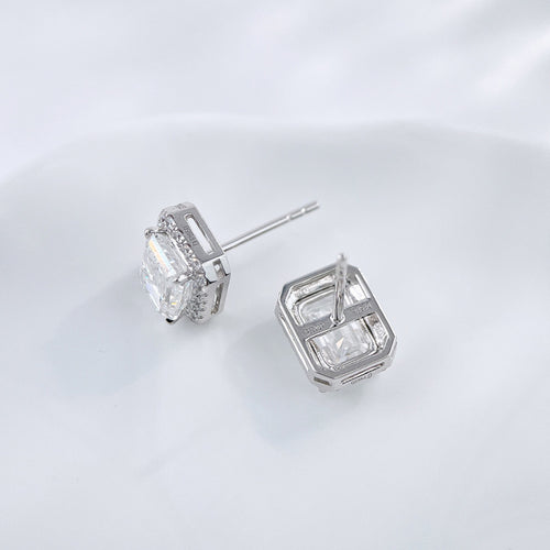 Emerald Cut Halo Stud Earrings