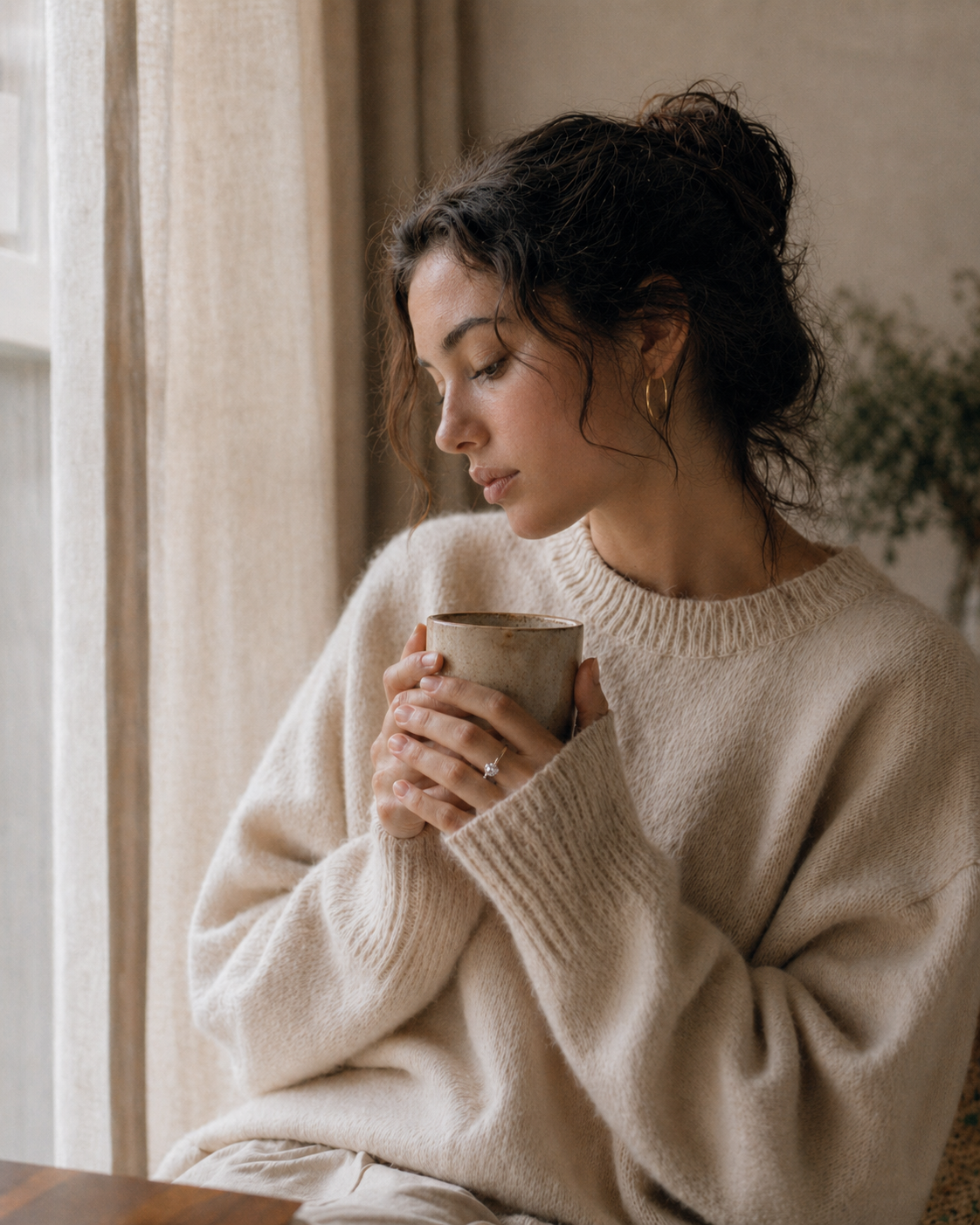 A model wearing a Lune Diamond ring, photographed in soft natural light