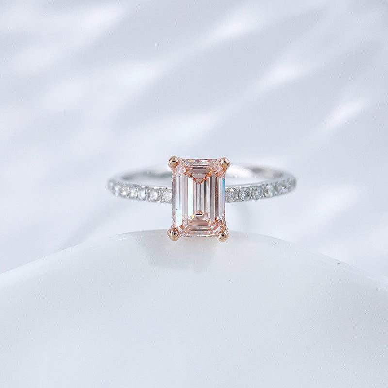 Pink emerald cut lab grown diamond pavé engagement ring by Lune Diamond